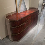 Curved Six-Drawer Sideboard with Natural Burl Veneer High-Gloss Panels and Gold Inlaid Stainless Steel Trim
